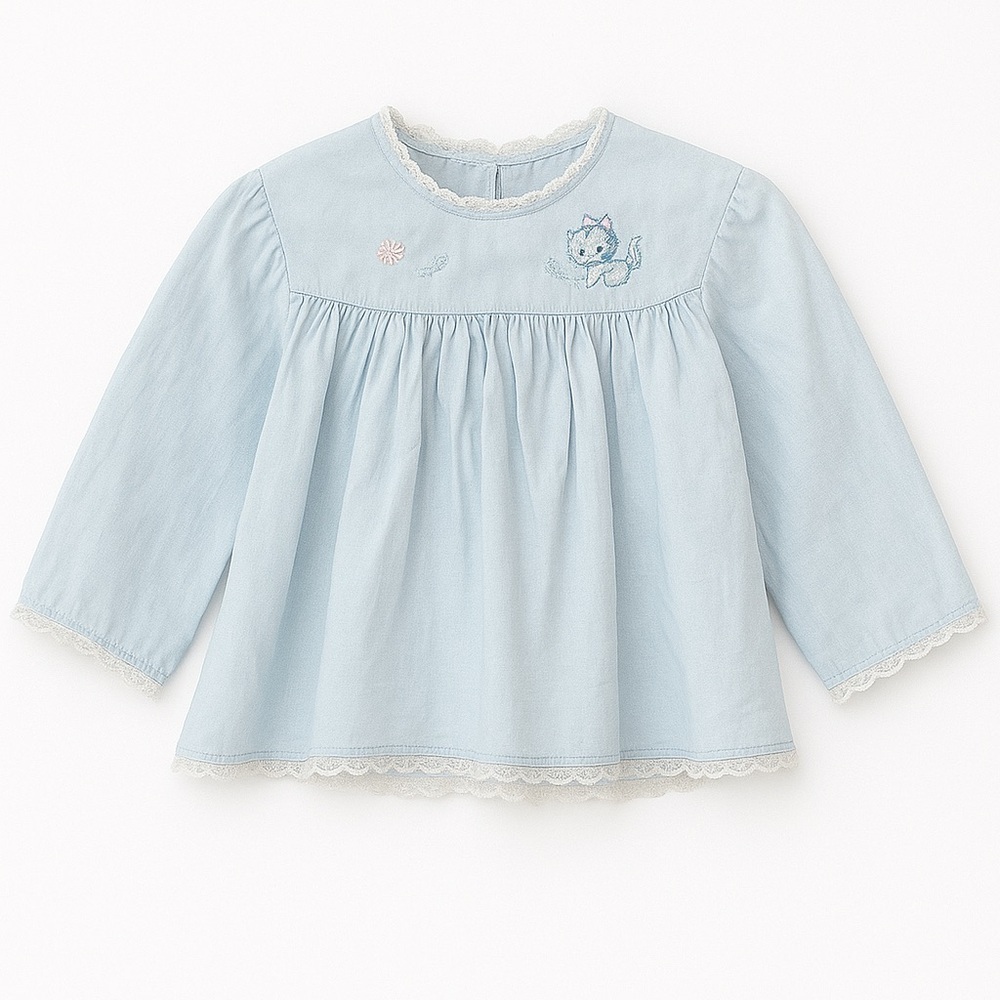 Vintage Long Sleeve Bloude With Cat Embroidery